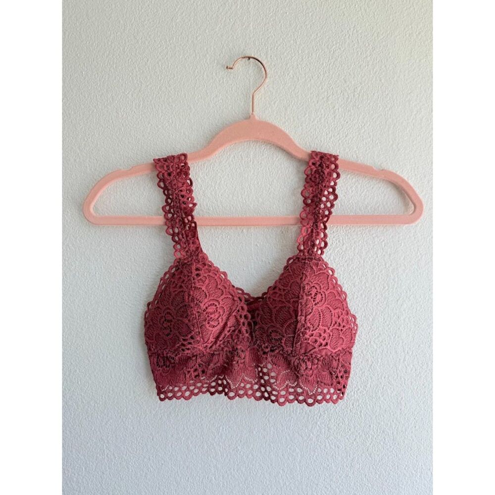 Aerie Red Floral Boho Lace Triangle Longline Bralette with Lined Cups size XS/S